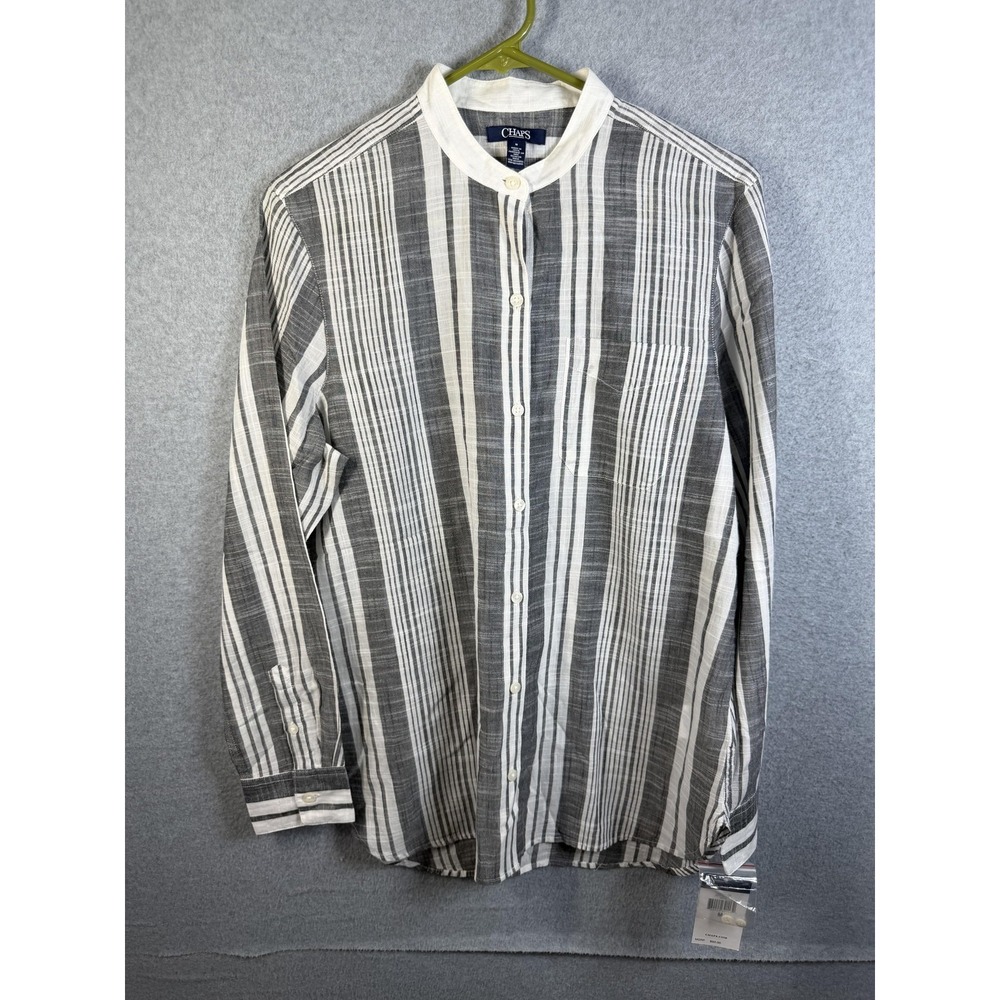 Chaps Shirt Mens Medium White Gray Striped Band‎ Collar Long Sleeve Cotton